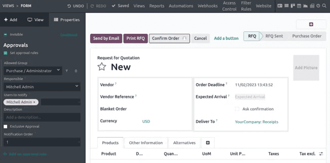 An Odoo request for quotation showing vendor, order deadline, currency and expected arrival, with approval rules configured